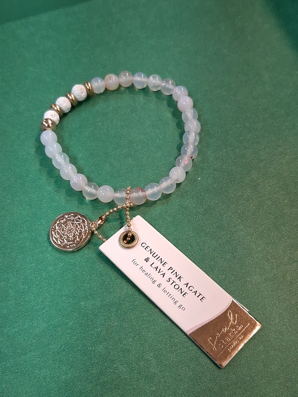 Genuine Pink Agate Bead Bracelet with Gold Charm